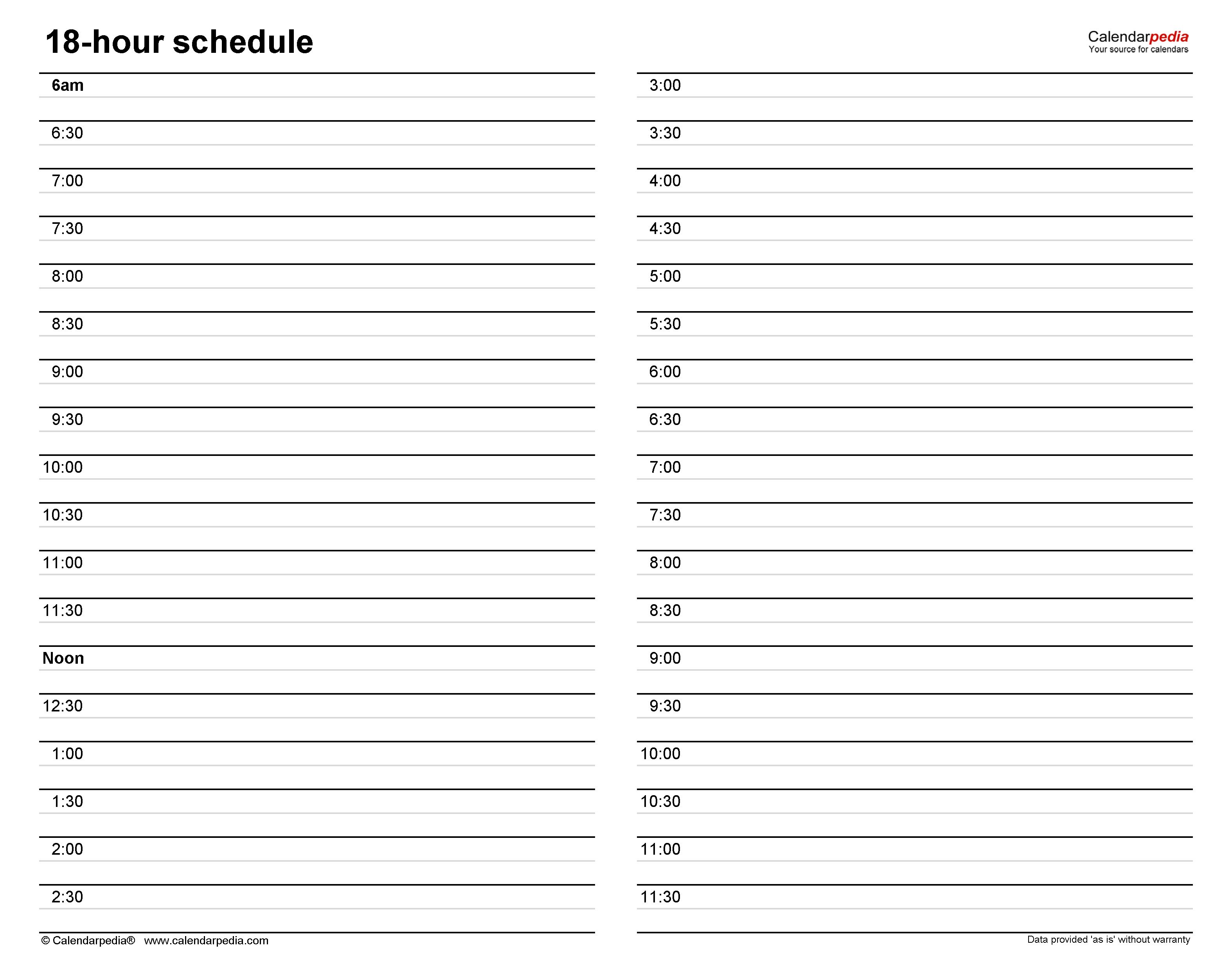 18-hour schedule template for Word. Track your day efficiently from morning to night.