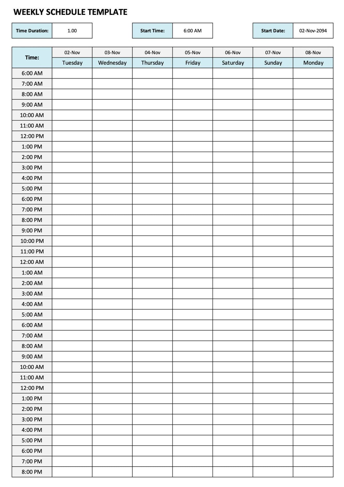 24-hour, 7-day schedule template for Word and Google Docs. Stay organized every hour of the week.