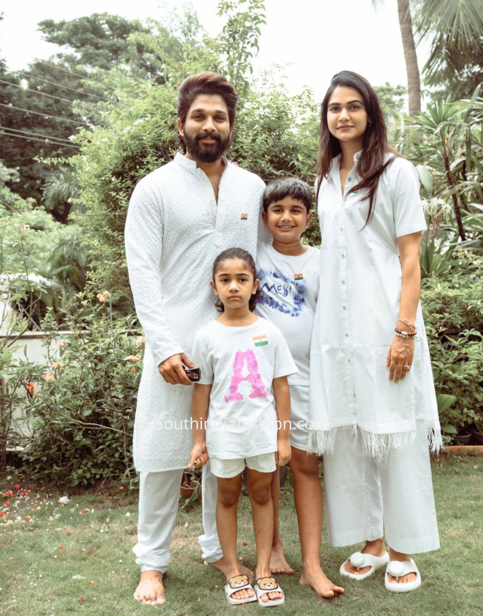 Allu Arjun and family celebrate Independence Day in matching white traditional outfits.