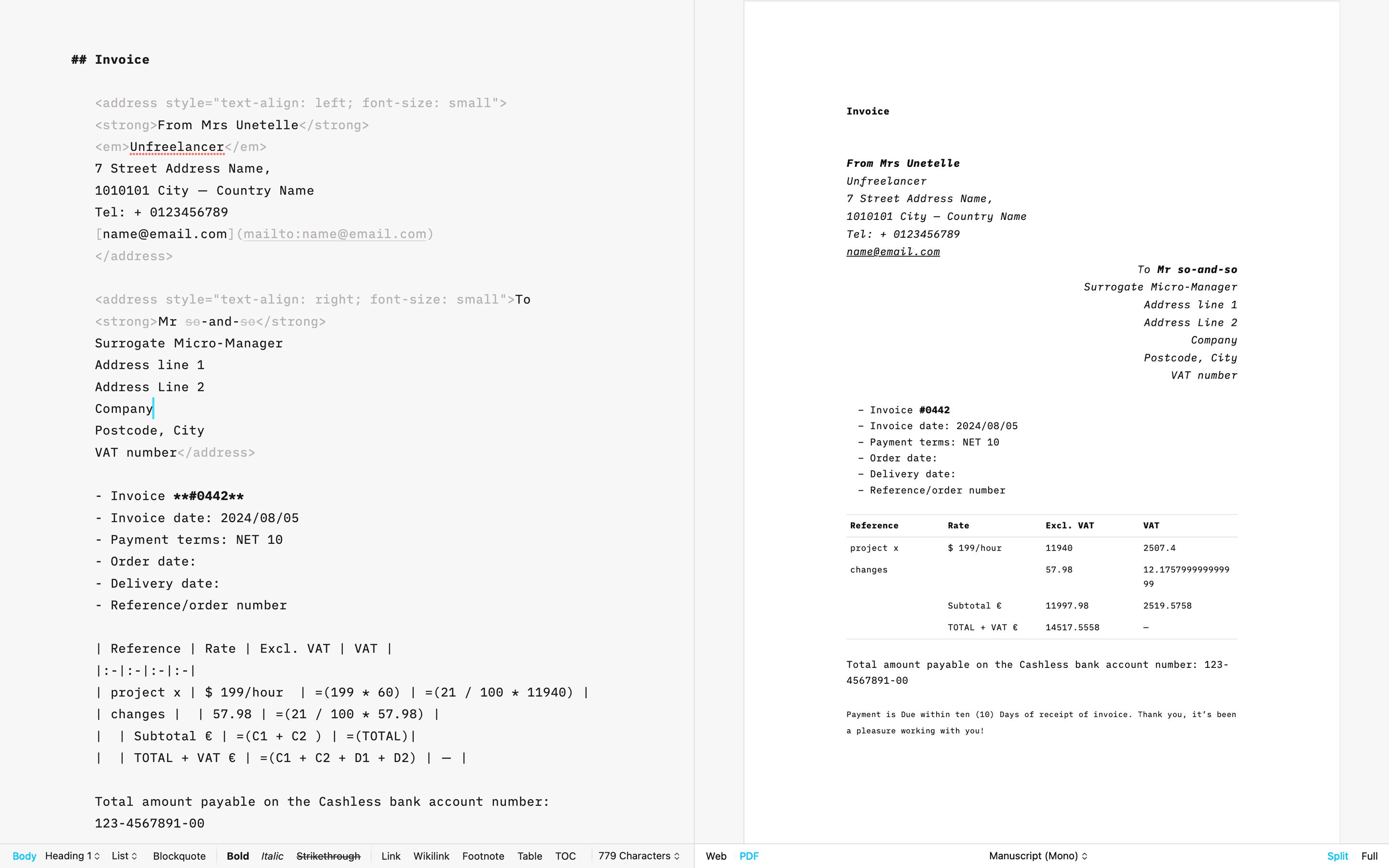Create professional invoices directly in iA Writer using this simple markdown billing template.