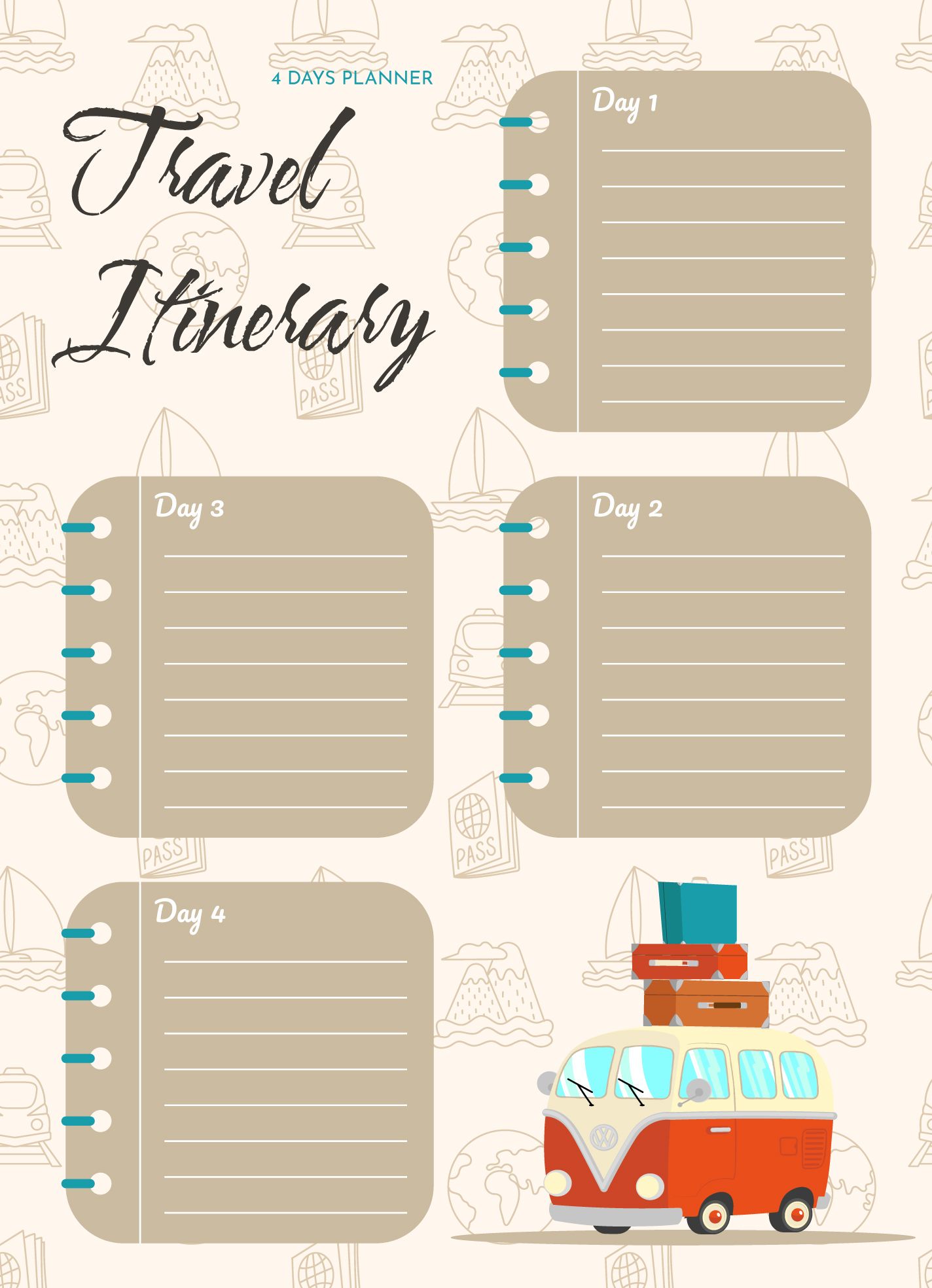 Sort out your next adventure with a basic template for daily plans and travel details.