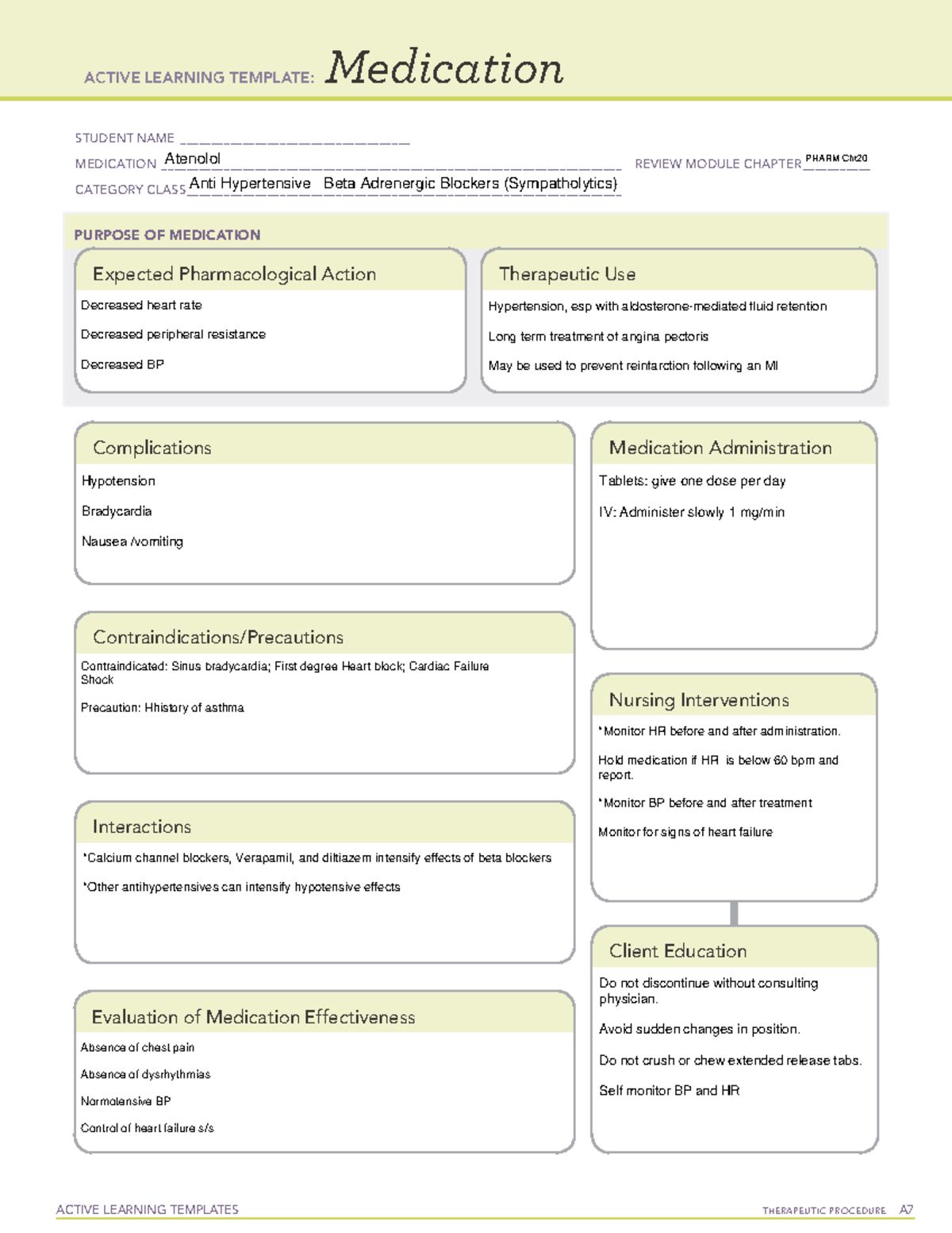 Printable study sheet for nursing students to organize drug therapy notes and review classifications.