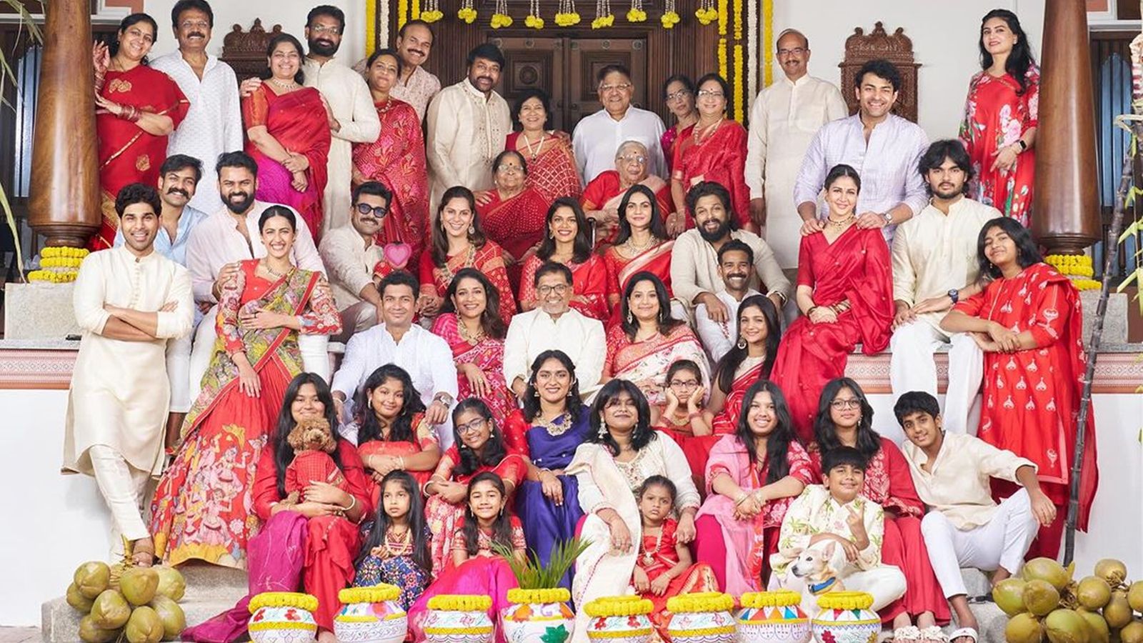 Memorable group photo of Chiranjeevi, Ram Charan, and Allu Arjun's Mega family together.