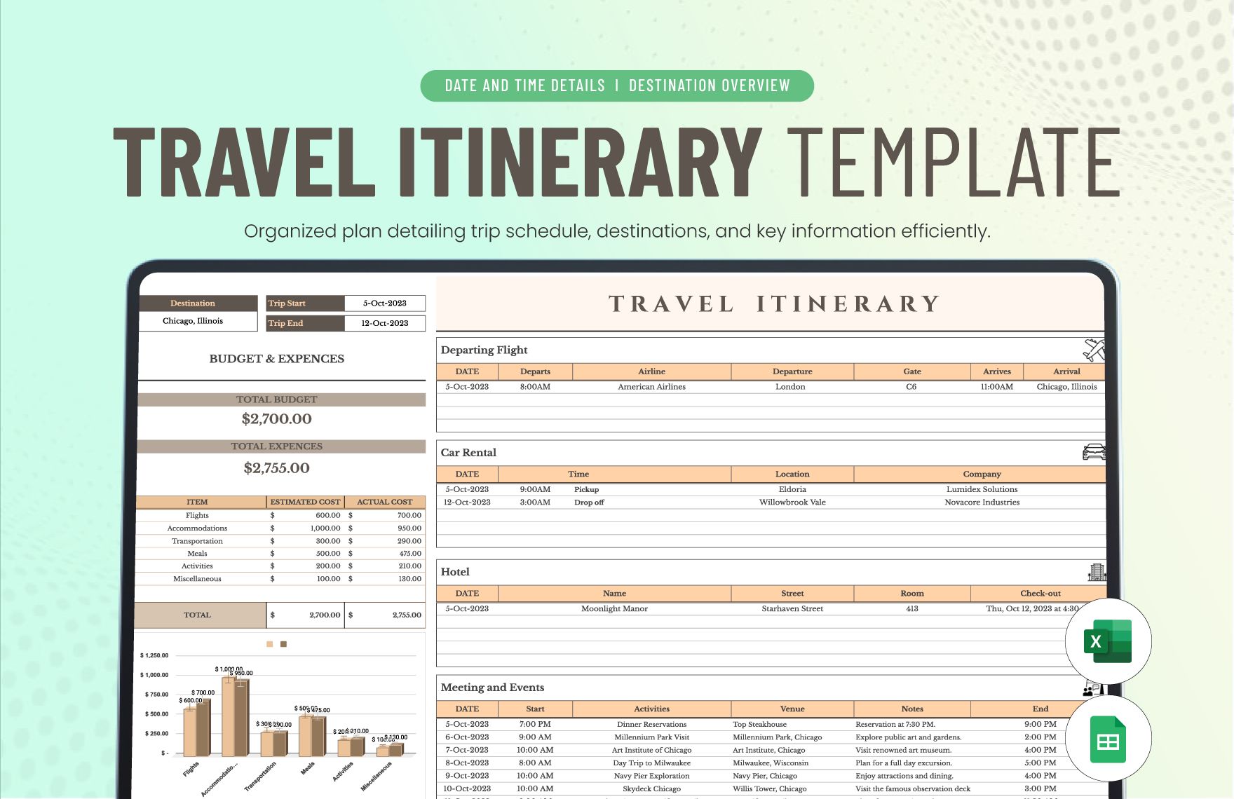 Efficiently manage travel plans with an Excel template for flights, hotels, and activities.