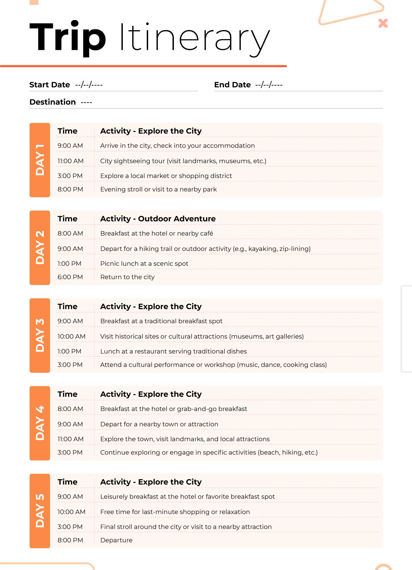 Plan your holiday with a free, simple itinerary template to ensure no activity is missed.