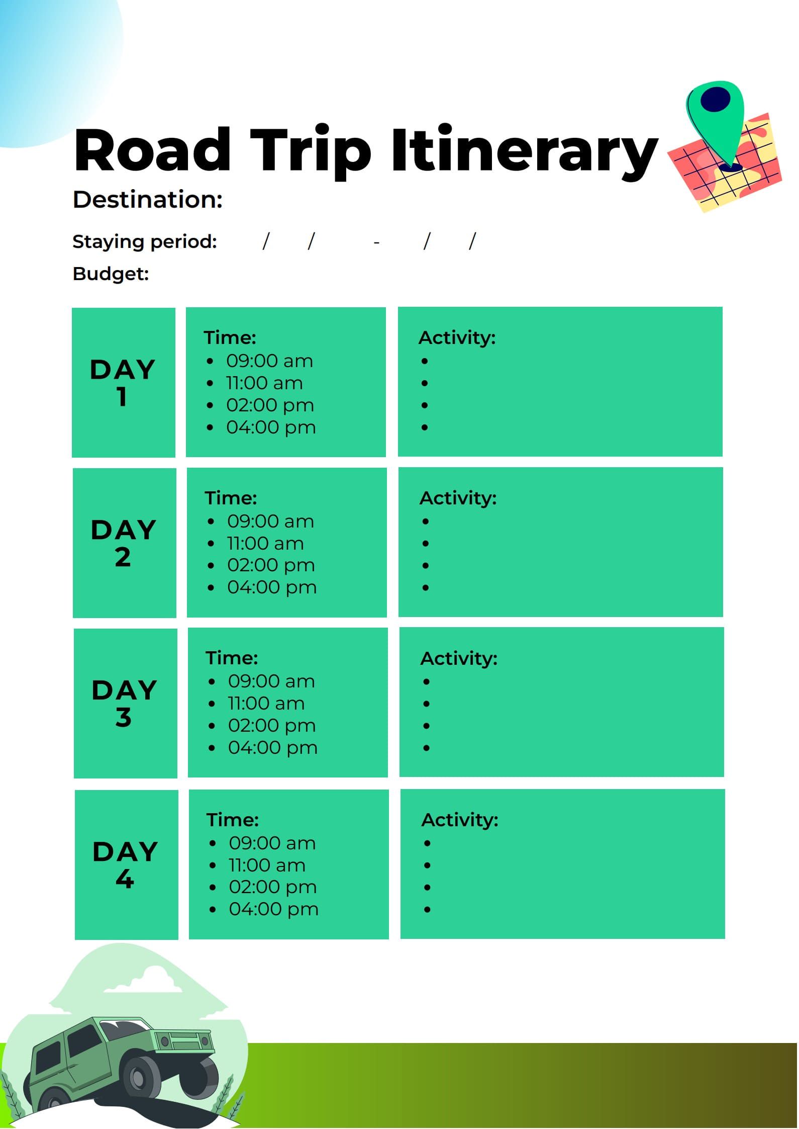 Plan your driving vacation with a free template for daily routes and sightseeing.
