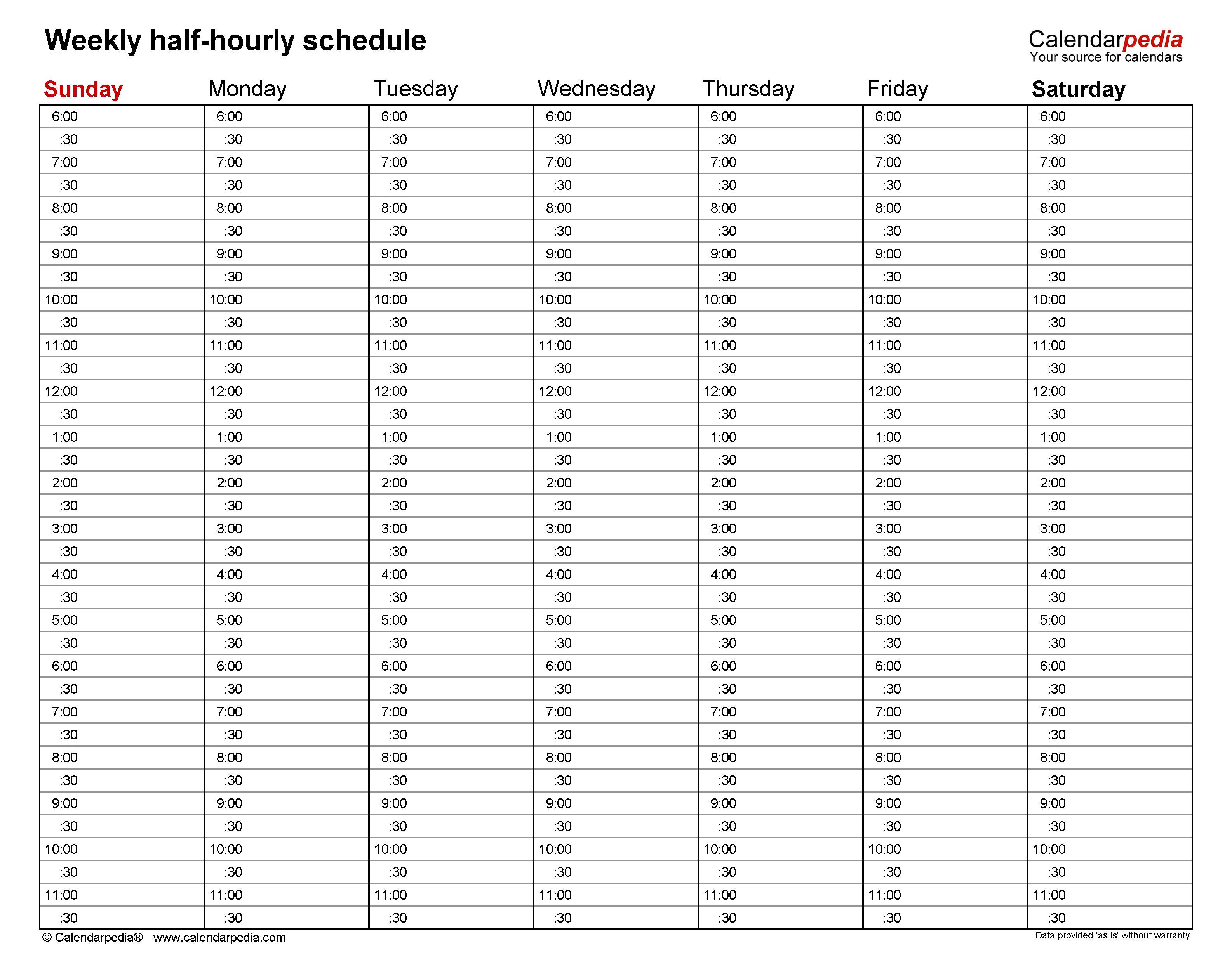 Weekly half-hourly schedule template in Word. Perfect for detailed time blocking and productivity.