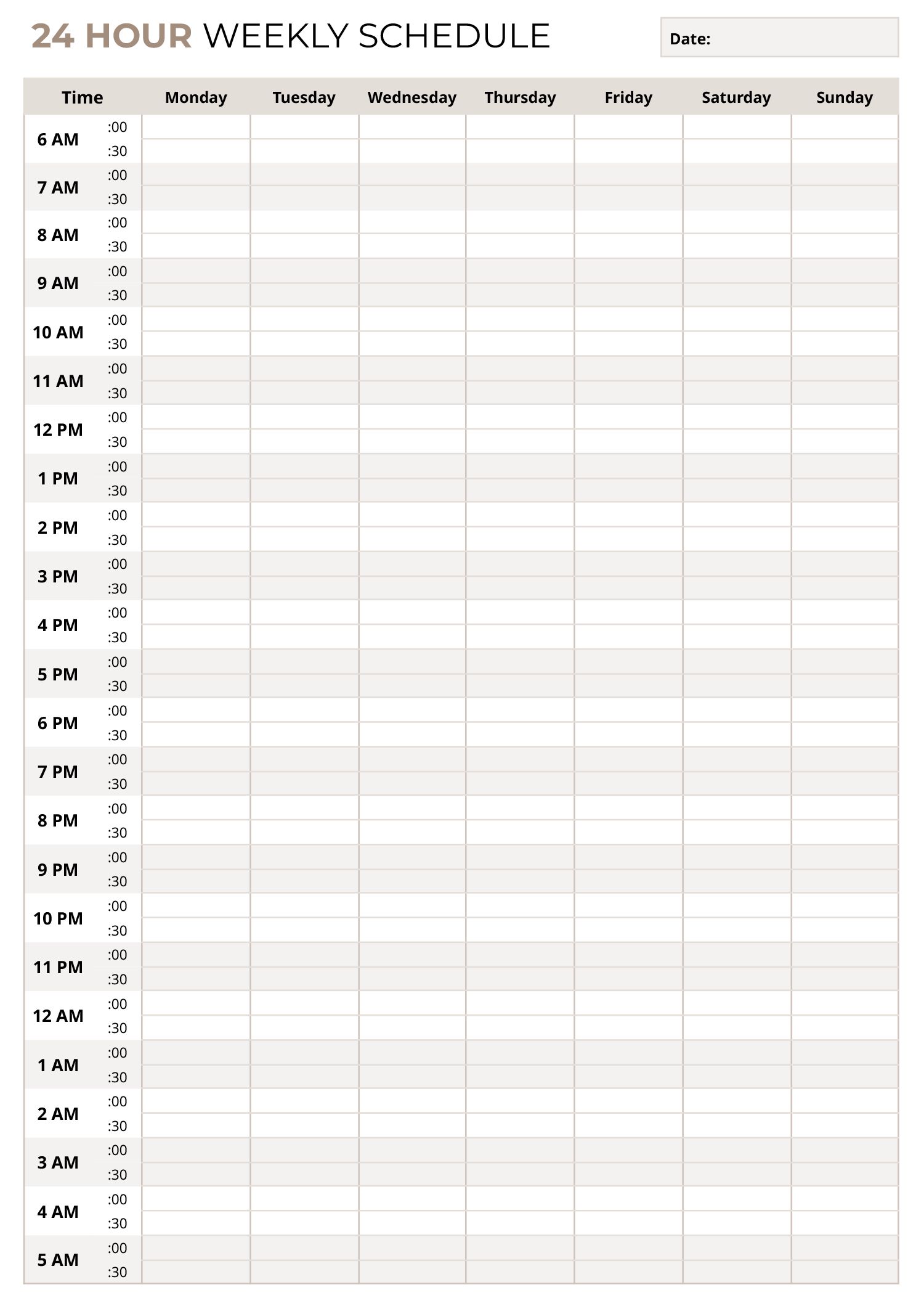 Hour-by-hour schedule template for Word and Google Docs. Map out your daily tasks with precision.