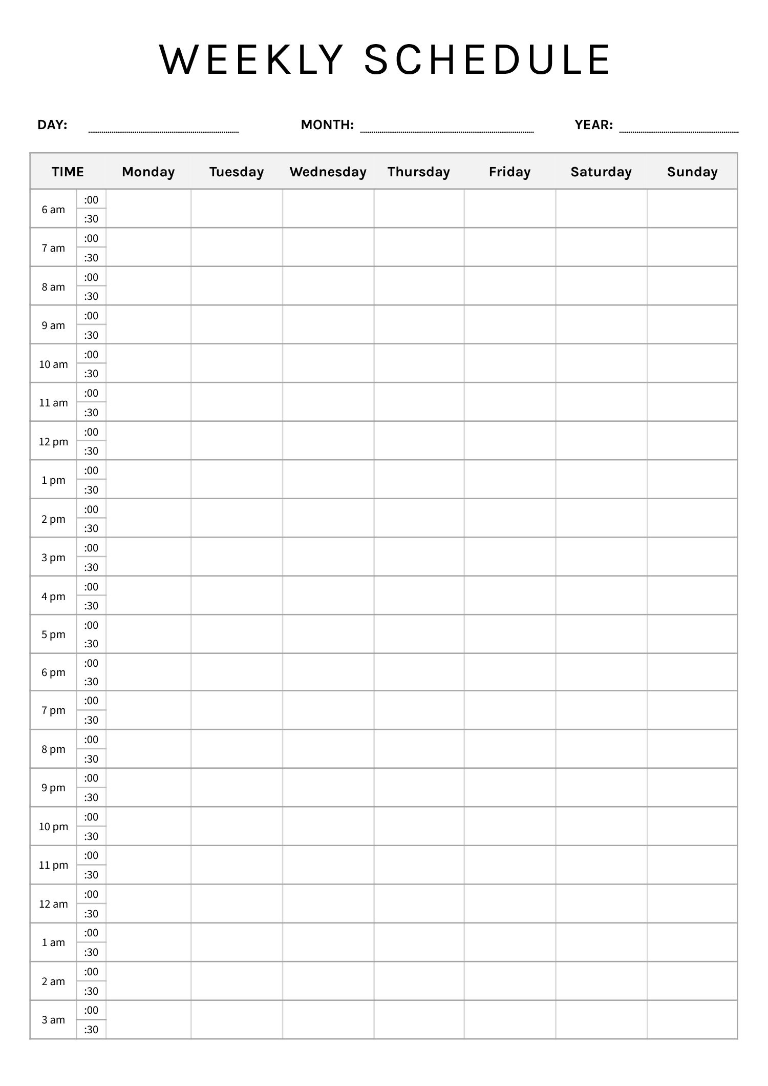 Hourly weekly schedule template for Word and Google Docs. Plan each week with precision.