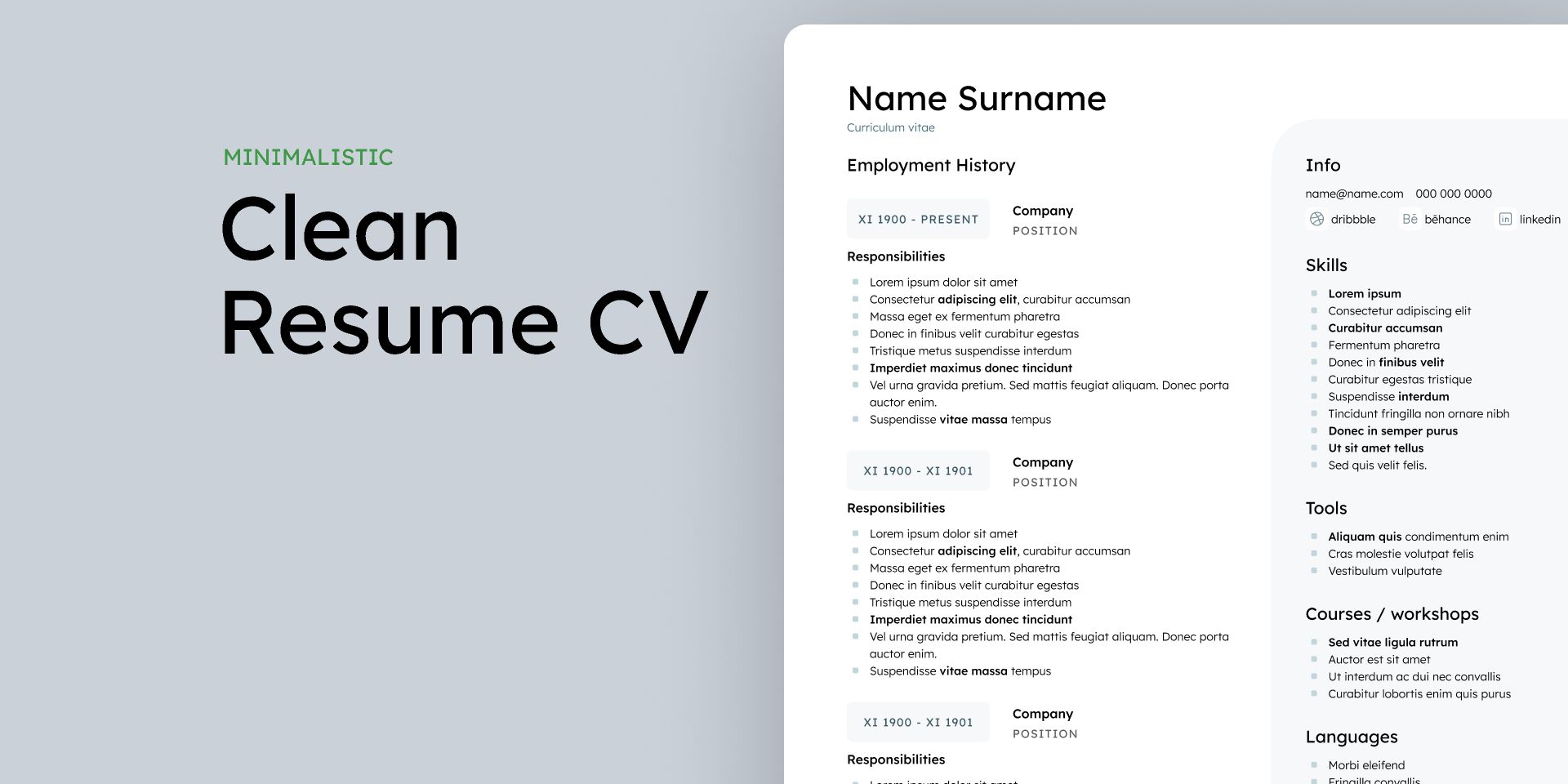 Clean minimal resume and CV template in Figma, ideal for designers needing editable components.