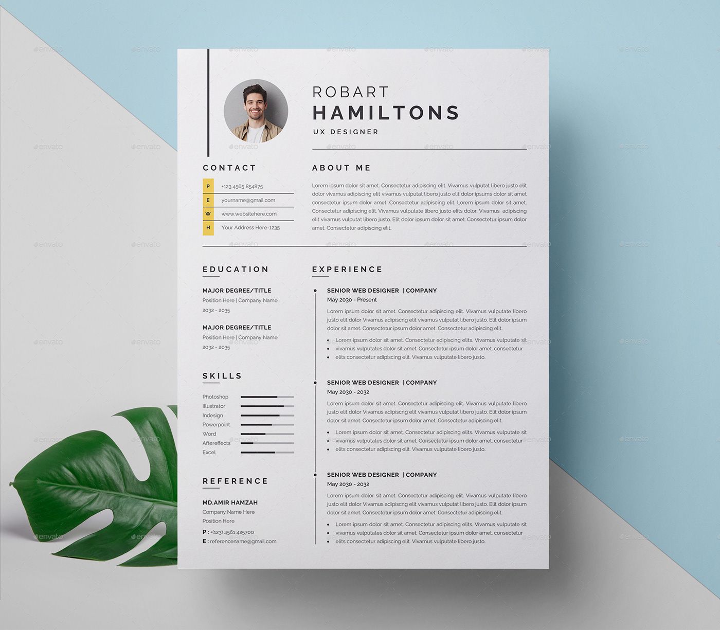 Behance-featured minimal resume template with careful attention to spacing and hierarchy.