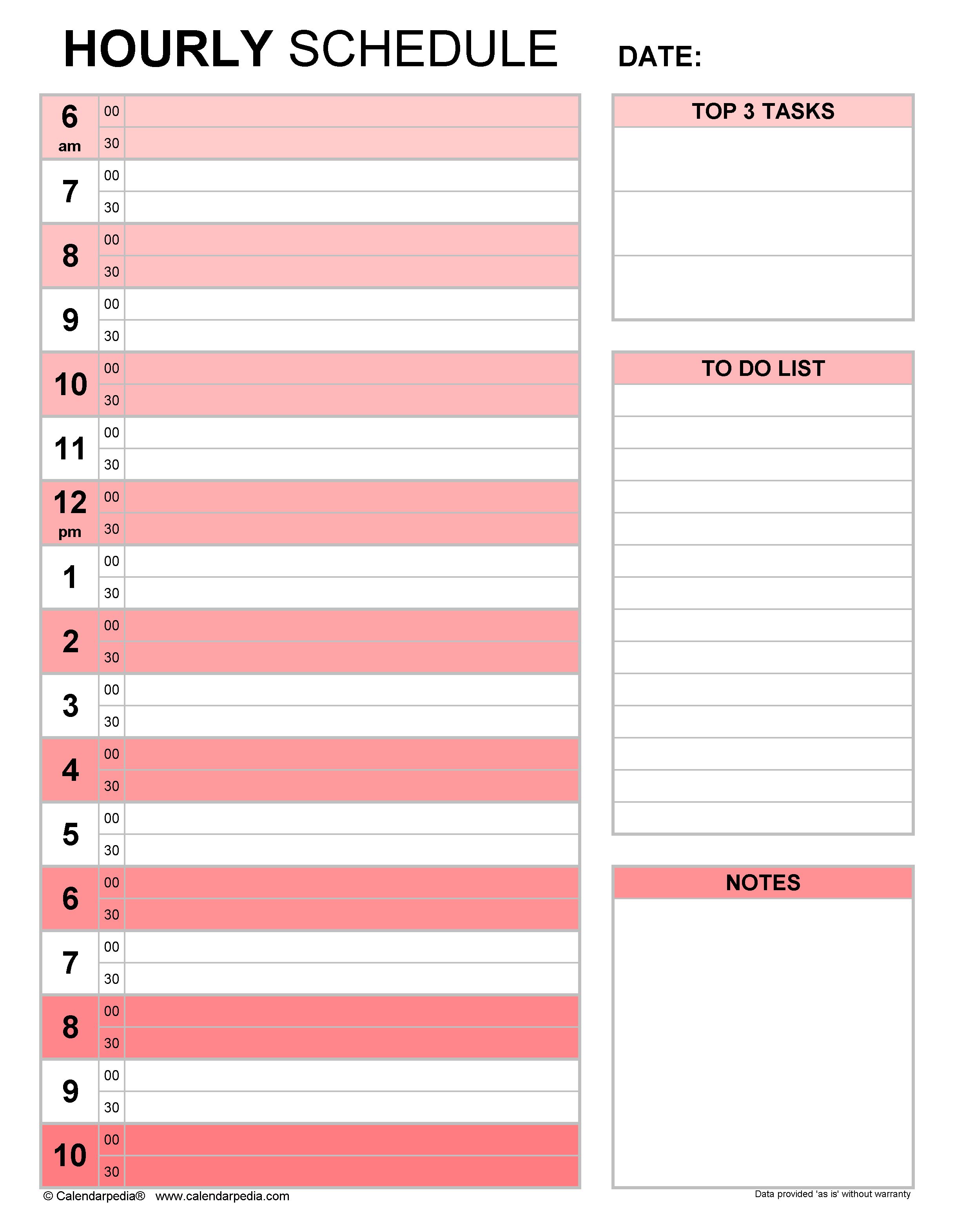 Bright red hourly schedule template for Word. Add color to your planning and stay organized.