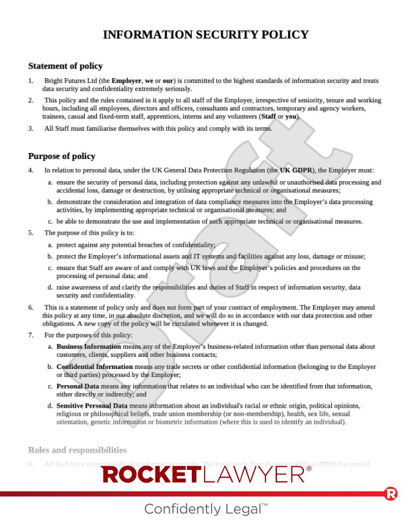 Draft a comprehensive security plan easily with this downloadable sample information security policy template.