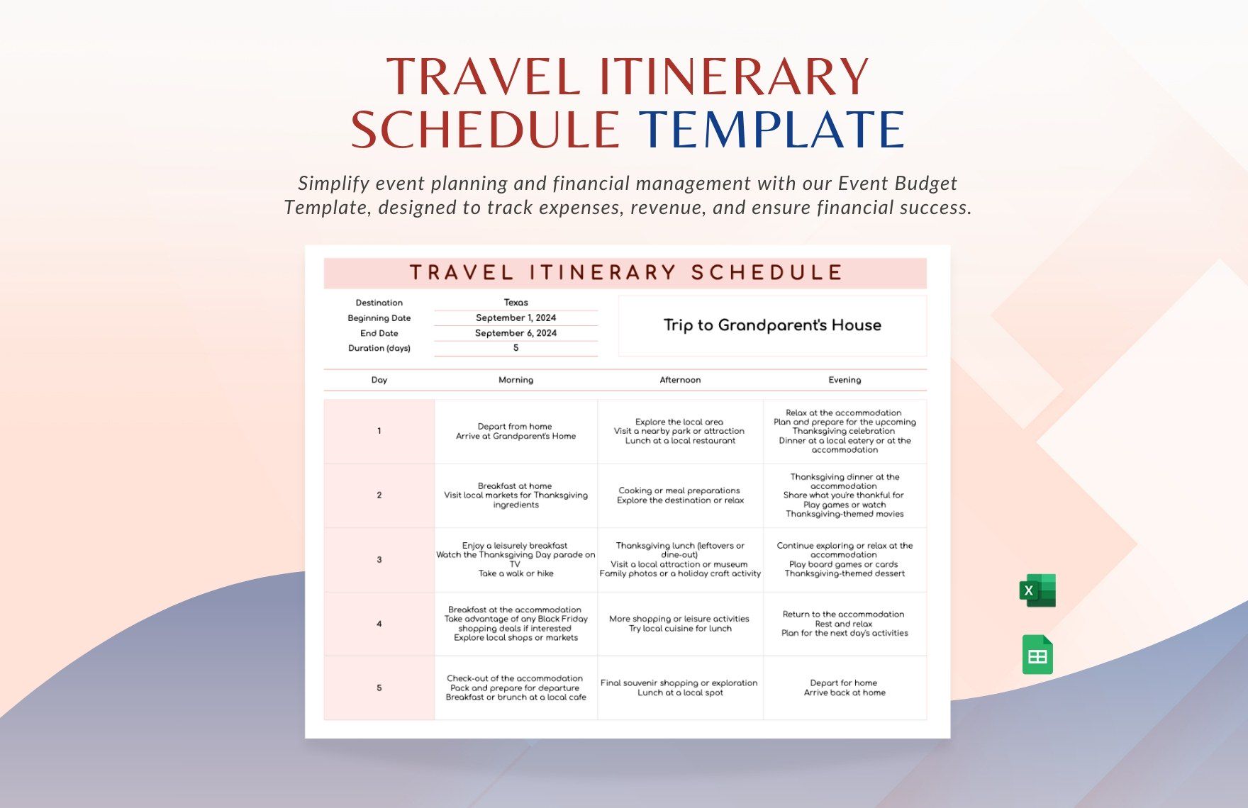 Manage your trip budget, schedule, and packing list in one clean travel spreadsheet.