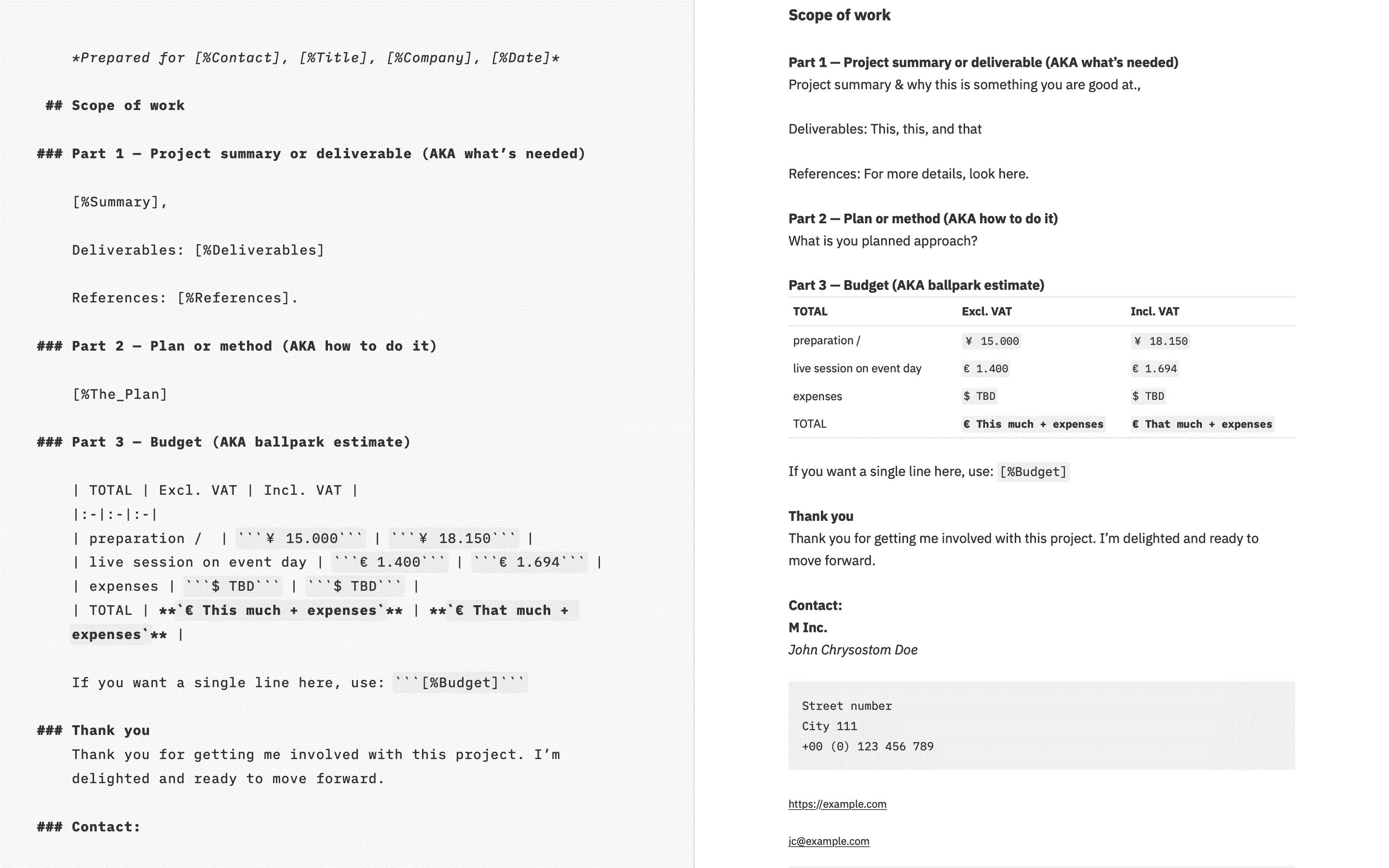 Access a collection of custom iA Writer templates for invoices and scope of work documents.